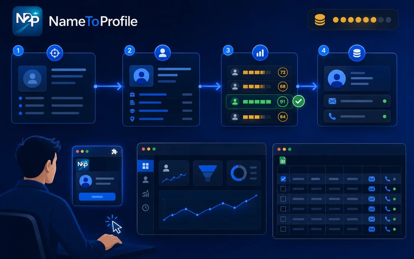 The self-serve workflow in your hands — one ICP brief flowing through resolve, fit-score and enrich, across the browser, dashboard and spreadsheets