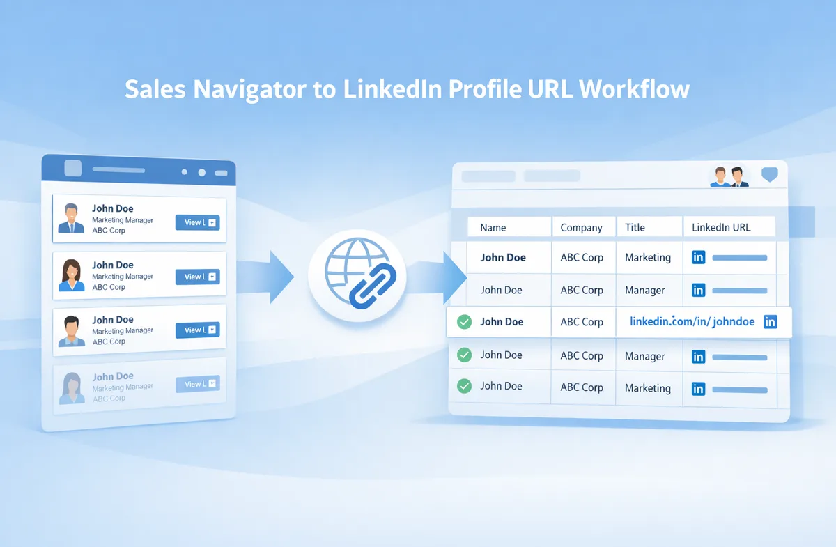 Sales Navigator to LinkedIn Profile URL workflow illustration showing a lead list interface transforming into a clean outbound spreadsheet with LinkedIn profile URL fields, collaboration icons, and soft blue SaaS-style visuals.