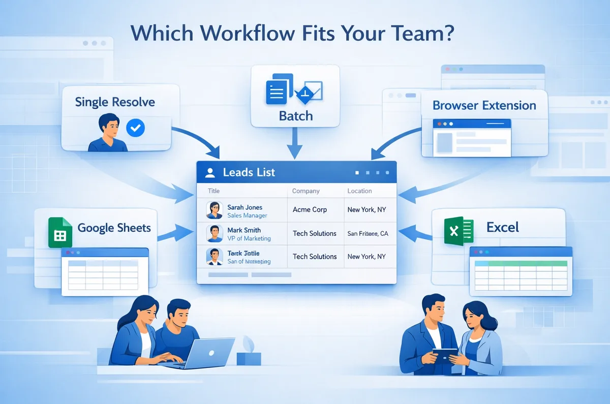 Modern SaaS-style editorial hero image showing a central leads list dashboard branching into five workflow options—Single Resolve, Batch, Browser Extension, Google Sheets, and Excel—with clean UI panels, arrows, spreadsheet elements, and team collaboratio