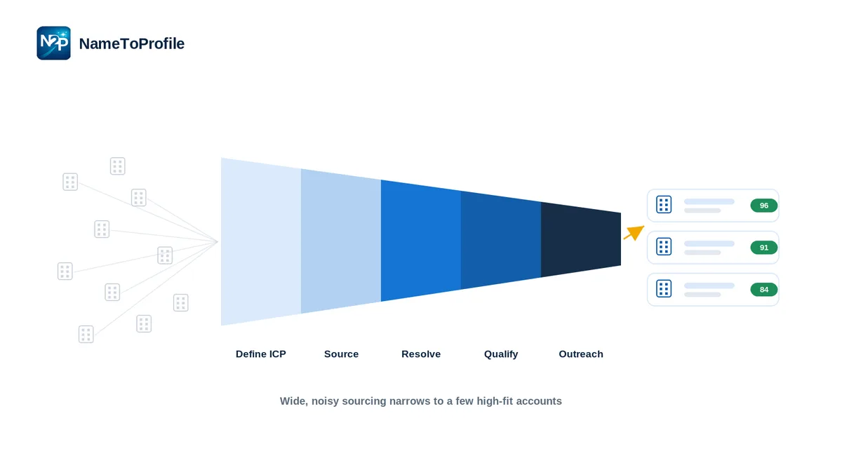 Illustration of a five-stage B2B LinkedIn lead-generation funnel narrowing from many scattered companies to a few high-fit, fit-scored accounts: Define ICP, Source, Resolve, Qualify, Outreach-ready.
