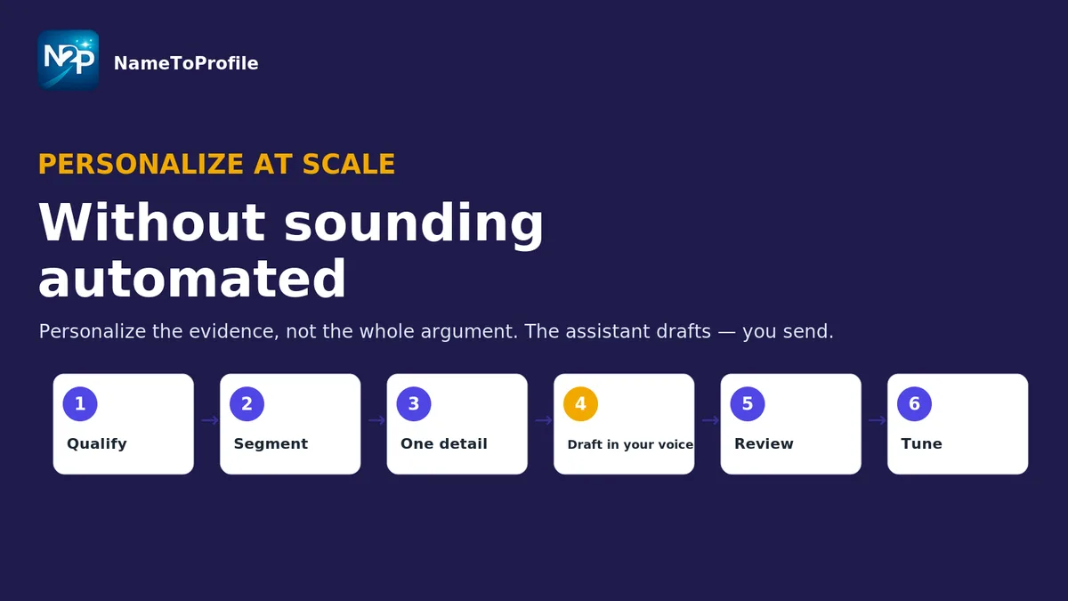 Flat illustration of a six-step personalize-at-scale outreach process: qualify, segment by reason-to-care, find one true detail, draft in your voice, review every message, tune by segment — indigo palette, NameToProfile logo top-left.