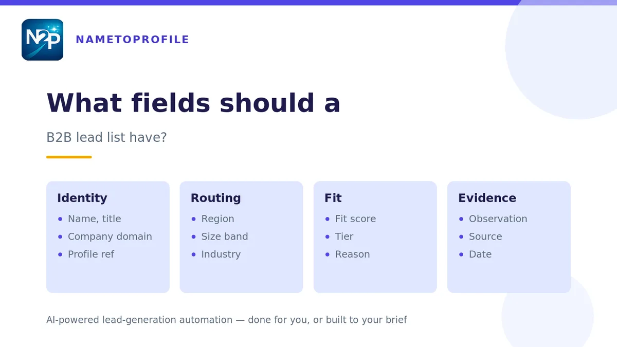 Flat illustration of a B2B lead record broken into four stacked tiers — identity, routing, fit and evidence, with the identity tier at the base and evidence at the top, shown as labelled column blocks on an indigo grid.