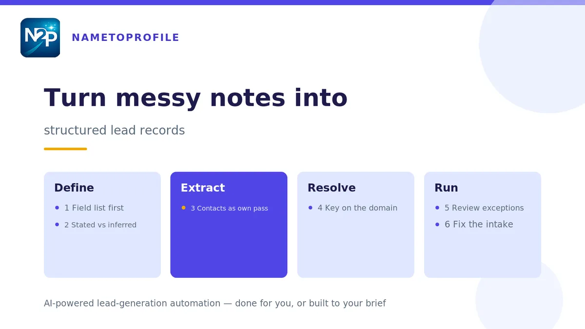 Flat illustration of a six-step workflow turning unstructured lead notes into structured records — a handwritten note card on the left flowing through extraction steps into a fielded data table on the right, on an indigo background.