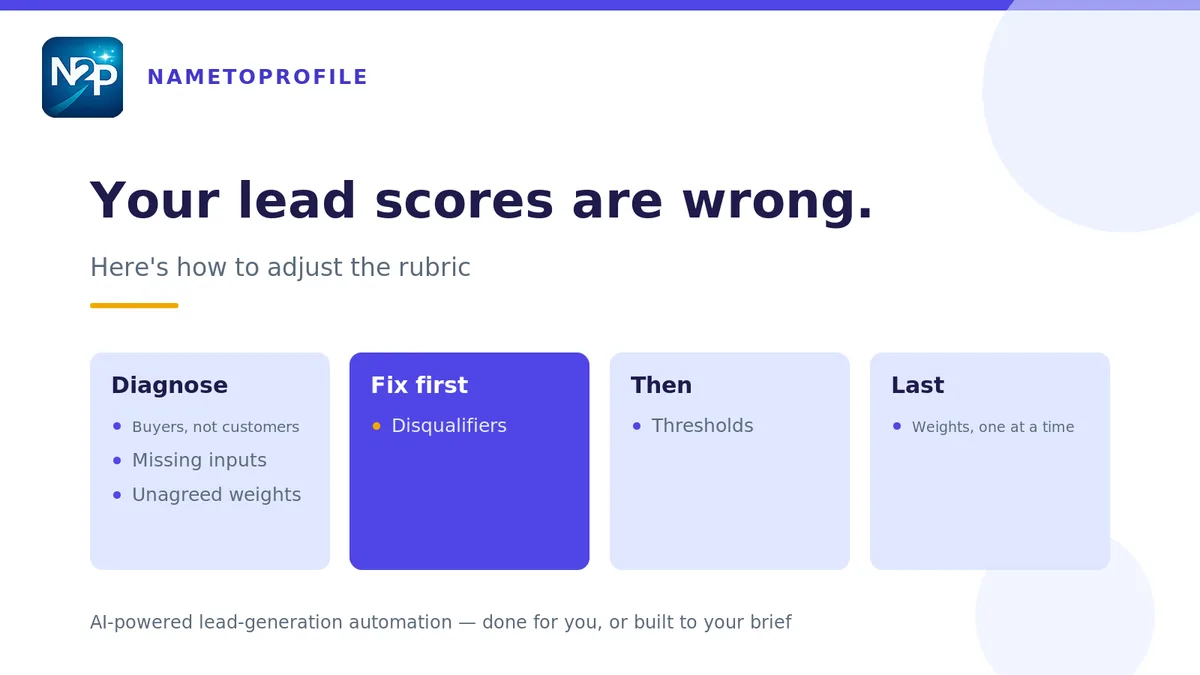 Flat illustration of a lead scoring rubric being tuned — a scoring dial and three stacked adjustment layers labelled disqualifiers, thresholds and weights, beside a before-and-after score distribution, on an indigo background.